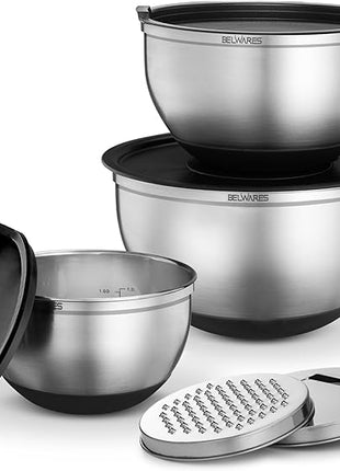 Belwares Mixing Bowls with Lids Set - Nesting Bowls with Graters, Handle, Pour Spout, Airtight Lids - Stainless Steel Non-Slip Mixing Bowl for Cooking, Baking, Prepping, Food Storage (Set of 3)