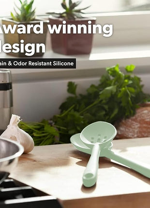 DI ORO Silicone Ladle & Spoons for Cooking – Large Kitchen Spoons for Mixing, Serving, & Stirring - Soup Ladle with Wide Bowl - High Heat Silicone Kitchen Utensils for Nonstick Cookware Safe (Sage)