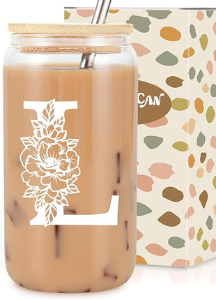 Coolife Initial Glass Cup, Monogrammed Gifts for Women, 16 oz Glass Cups w/Lids Straws, Iced Coffee Smoothie Beer Tumbler w/Straw Lid - Personalized Christmas, Birthday Gifts for Her Mom Friend Woman