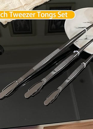 JETKONG Kitchen Tweezers Stainless Steel Food Tweezers Professional Chef Tweezer Kitchen Tools, Set of 3 (7 9 12 Inch, Black)
