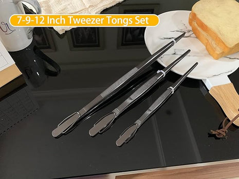 JETKONG Kitchen Tweezers Stainless Steel Food Tweezers Professional Chef Tweezer Kitchen Tools, Set of 3 (7 9 12 Inch, Black)
