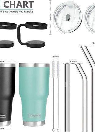 30oz Tumbler, 2 Packs Stainless Steel Double Wall Vacuum Insulated Tumbler Travel Mug With 8Pcs Reusable Straw, 2Pcs Slider Lid, Cleaning Brush, 2Pcs Handles (Black + Teal)