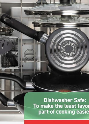 T-fal Initiatives Nonstick Cookware Set 18 Piece, Oven Broiler Safe 350F, Kitchen Cooking Set w/Fry Pans, Saucepans, Stockpots, Skillet, Spoons, Lids Pots and Pans Set Non Stick Dishwasher Safe Black