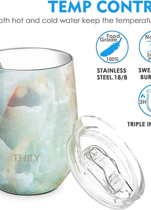 THILY Stemless Wine Tumbler Vacuum Insulated 12 oz Triple-Insulated Stainless Steel Wine Glass with Lid, Straw, Keep Cold for Coffee, Cocktails, Opal Marble