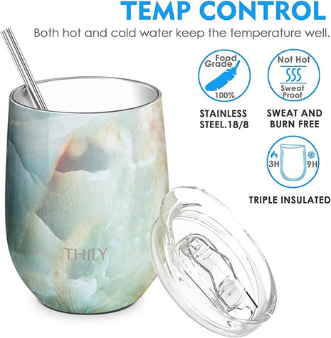 THILY Stemless Wine Tumbler Vacuum Insulated 12 oz Triple-Insulated Stainless Steel Wine Glass with Lid, Straw, Keep Cold for Coffee, Cocktails, Opal Marble