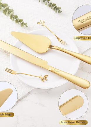 Wedding Cake Cutting Set, Elegant Wedding Cake Knife and Server Set with Thick Stainless Steel Wide Handle, Cake Cutting Set for Wedding Anniversary Christmas, Cake Cutter, 2 Cute Forks and Bows, Gold