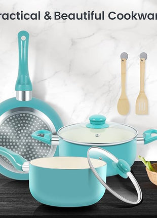 Pots and Pans Set, 7 Piece Nonstick Ceramic Cookware Set, Kitchen Induction Cookware Sets, Pots and Pans Non Stick with Stay Cool Handle, 100% PFOA Free, Turquoise