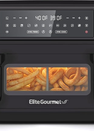 Elite Gourmet EAF1055D Dual Zone Air Fryer Oven, 11QT. Capacity with Divider, Sync Finish, Dishwasher Safe Basket, 10 Preset Functions, 1600-Watts, with Recipe Booklet, Black