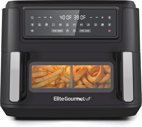 Elite Gourmet EAF1055D Dual Zone Air Fryer Oven, 11QT. Capacity with Divider, Sync Finish, Dishwasher Safe Basket, 10 Preset Functions, 1600-Watts, with Recipe Booklet, Black