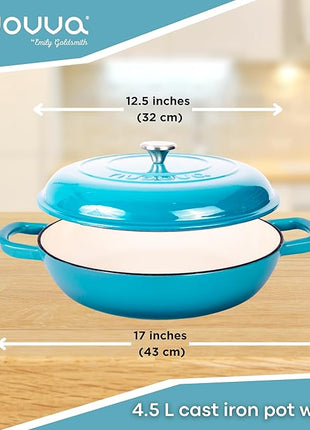 Shallow Cast Iron Casserole with Lid – Non Stick Dutch Oven Pot, Oven Safe up to 500° F – Sturdy Ovenproof Stockpot Cookware – Enamelled Cooking Pot – Blue, 5-Quart, 32cm – by Nuovva