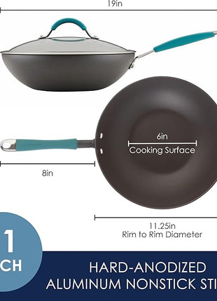 Rachael Ray Cucina Hard-Anodized Nonstick Covered Stir Fry Pan, 11-Inch, Gray, Agave Blue Handles
