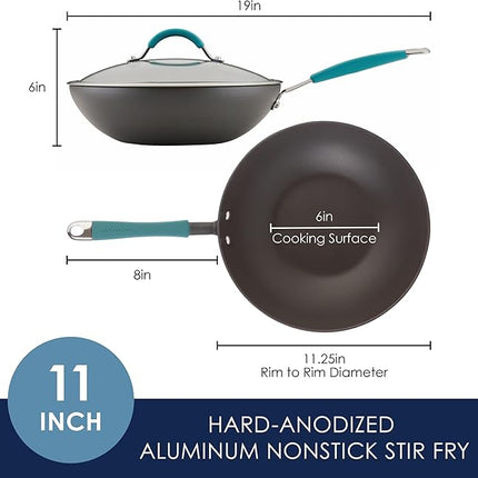 Rachael Ray Cucina Hard-Anodized Nonstick Covered Stir Fry Pan, 11-Inch, Gray, Agave Blue Handles