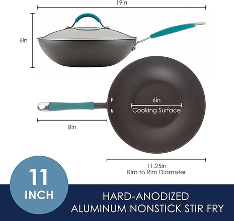 Rachael Ray Cucina Hard-Anodized Nonstick Covered Stir Fry Pan, 11-Inch, Gray, Agave Blue Handles