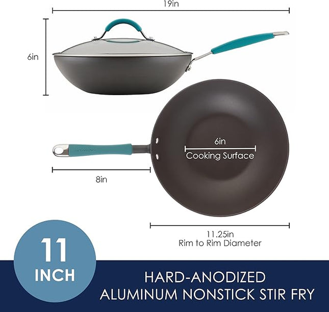 Rachael Ray Cucina Hard-Anodized Nonstick Covered Stir Fry Pan, 11-Inch, Gray, Agave Blue Handles