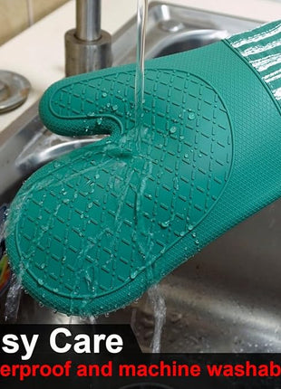 Silicone Oven Mitts Heat Resistant 932℉ with Waterproof & Non-Slip Kitchen Mittens, Set of 2 Extra Long Oven Gloves with Soft Cotton Terry Lining for Baking Cooking Barbecue (Emerald Green, 2)