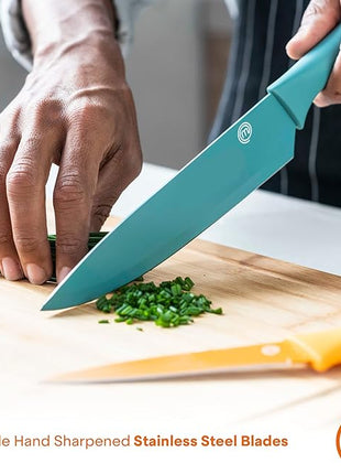 MasterChef Kitchen Knives Set with Covers incl. Paring, Boning, Carving, Bread, Santoku & Chef Knife, Sharp Cutting Stainless Steel Blades with Sheaths, 12 Piece (6 Colored Knives & 6 Covers)
