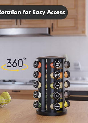 New England Stories Revolving Spice Rack Set with 20 Spice Jars, Kitchen Spice Tower Organizer for Countertop or Cabinet - Carousel Storage Includes 386 Spice Labels (Black)