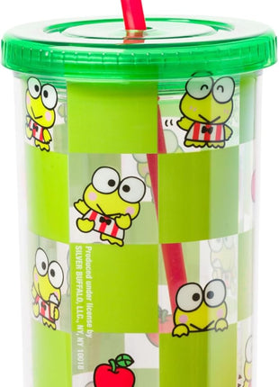 Silver Buffalo Sanrio Hello Kitty and Friends Keroppi Green Checkered Plastic Cold Cup with Lid and Straw, 20 Ounces