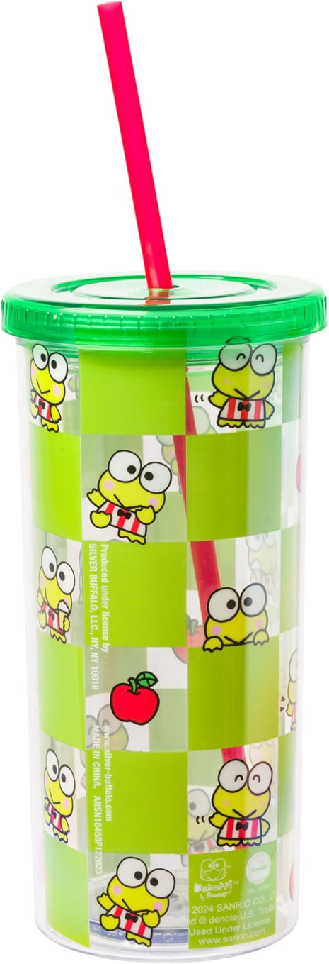 Silver Buffalo Sanrio Hello Kitty and Friends Keroppi Green Checkered Plastic Cold Cup with Lid and Straw, 20 Ounces