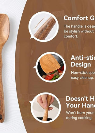 Wooden Spoons for Cooking with Holder,10Pcs Wooden Kitchen Utensil Set Non stick, Non Scratch Natural Teak Wooden Utensils for Cooking