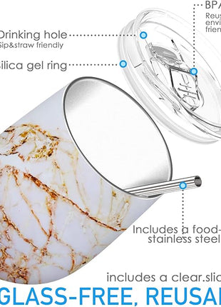 THILY Stainless Steel Stemless Wine Glass Triple Vacuum Insulated Tumbler Travel Cute Cup with Lid, Reusable Straw, Keep Cold & Hot for Wine, Coffee, Xmas Gift, Gold Marble