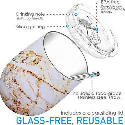 THILY Stainless Steel Stemless Wine Glass Triple Vacuum Insulated Tumbler Travel Cute Cup with Lid, Reusable Straw, Keep Cold & Hot for Wine, Coffee, Xmas Gift, Gold Marble