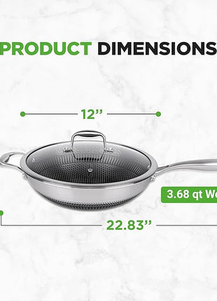 NutriChef 12" Stainless Steel Wok - Induction ready, Non Stick Tri-ply technology, Scratch-resistant Honeycomb Fire Textured Pattern