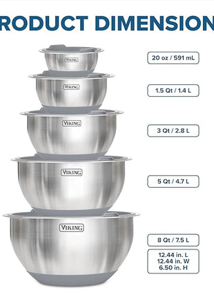 Viking Mixing Bowls Set, 10 Piece Stainless Steel Kitchen Cookware, Non-Slip Silicone Base, Includes Tight Fit Lids, Dishwasher Safe, Grey