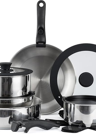 Country Kitchen Cookware Set with Removable Handle, Oven & RV Safe Pots and Pans Set, Stainless Steel, Original