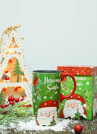 Topadorn Christmas Ceramic Mug Coffee Cup with Sealed Lid and Gift Box Latte Mug, 17oz. Here Comes Santa Claus