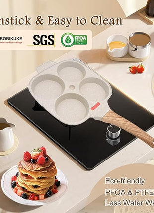 Egg Pan Fried Egg Pan, Egg Frying Pan with Lid Nonstick 4 Cups Pancake Pan Aluminium Alloy Cooker for Breakfast, Gas Stove & Induction Compatible (White)