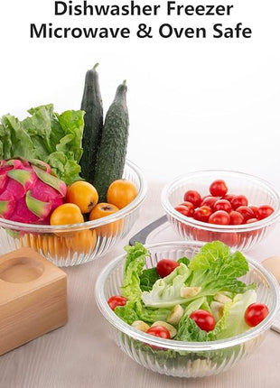 WhiteRhino Glass Mixing Bowls with Lids Set of 3(3.7QT, 2.1QT, 1.1QT),Large Kitchen Salad Bowls, Space-Saving Nesting Bowls, Clear Glass Serving Bowls for Cooking,Baking,Prepping,Dishwasher Safe