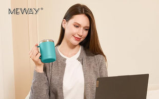 MEWAY 12oz Coffee Mug With Handle 8 Pack Bulk,Stainless Steel Insulated Travel Tumblers With Sliding Lid,Double Wall Vacuum Camping Cup for Hot & Cold Drinks Tea (Light Green,Set of 8)