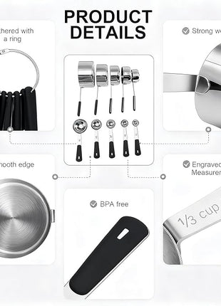 Measuring Cups and Spoons Set Stainless Steel 10 Piece for Cooking and Baking (5 Cups + 5 Spoons, Black Handle)