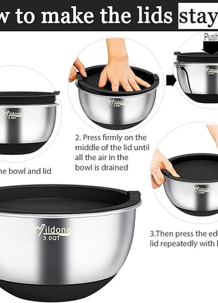 Wildone Mixing Bowls with Airtight Lids, 22 PCS Stainless Steel Nesting Bowls, with 3 Grater Attachments, Scale Marks & Non-Slip Bottom, Size 5, 4, 3, 2,1.5, 0.63QT, Ideal for Mixing & Prepping