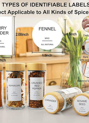 AISIPRIN Glass Spice Jars with 398 Labels-4oz 24 Pcs,Round Seasoning Jars with Bamboo Airtight Lids,Spice Container Set -Shaker Lids, Funnel,Brush and Marker Included