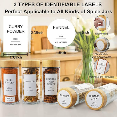 AISIPRIN Glass Spice Jars with 398 Labels-4oz 24 Pcs,Round Seasoning Jars with Bamboo Airtight Lids,Spice Container Set -Shaker Lids, Funnel,Brush and Marker Included