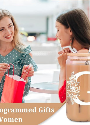 Coolife Initial Glass Cup, Monogrammed Gifts for Women, 16 oz Glass Cups w/Lids Straws, Iced Coffee Smoothie Beer Tumbler w/Straw Lid - Personalized Christmas, Birthday Gifts for Her Mom Friend Woman