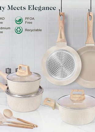 Pots and Pans Set Non Stick, 11pcs Ceramic Cookware Set, Non Toxic Induction Kitchen Cookware Sets, Nonstick Cooking Set with Stay Cool Handle, 100% PFOA Free, Cream