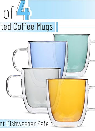BTaT- Colored Double Walled Glass Coffee Mugs, Set of 4 (12oz, 350ml), Assorted Colors, Colorful Coffee Cups, Insulated Coffee Mug, Double Wall Glass Coffee Cups, Tea Cups