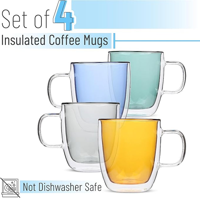 BTaT- Colored Double Walled Glass Coffee Mugs, Set of 4 (12oz, 350ml), Assorted Colors, Colorful Coffee Cups, Insulated Coffee Mug, Double Wall Glass Coffee Cups, Tea Cups