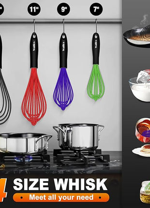 Walfos Whisk,Whisks for Cooking Non Scratch.Silicone Whisk Set of 4 Kitchen Wisk-11in Flat wisk and 7+9+11in Balloon Whisk.Nice for Mixing,Whisking and Stirring.Dishwasher Safe.(4pcs-Colorful)