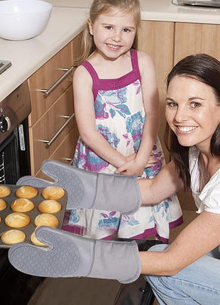 Oven Mitts and Potholders BBQ Gloves-Oven Mitts and Pot Holders with Recycled Infill Silicone Non-Slip Cooking Gloves for Cooking Baking Grilling (4-Piece Set) (Black Grey)