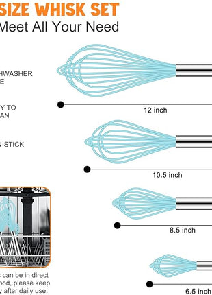 HOTEC 4 Pieces Silicone Whisks Set, Wire Balloon Whisks Egg Beater, Non-slip Handle Whisk for Non-stick Cookware Perfect for Cooking, Stirring, Beating and Blending (Blue)