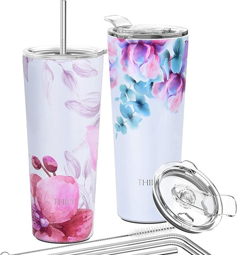 THILY Stainless Steel Vacuum Insulated Tumbler 26 oz Triple-Insulated Travel Mug with Splash-Proof Lid, for Iced Coffee and Hot Beverage, Pink Lilies + Lotus Flower