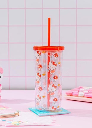 Silver Buffalo Sanrio Hello Kitty Mushroom Plastic Tall Cold Cup with Lid and Straw, 20 Ounces