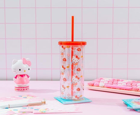 Silver Buffalo Sanrio Hello Kitty Mushroom Plastic Tall Cold Cup with Lid and Straw, 20 Ounces