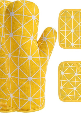 Oven Mitts and Potholders BBQ Gloves-Oven Mitts and Pot Holders with Recycled Infill Silicone Non-Slip Cooking Gloves for Cooking Baking Grilling (4-Piece Set) (Yellow-02)