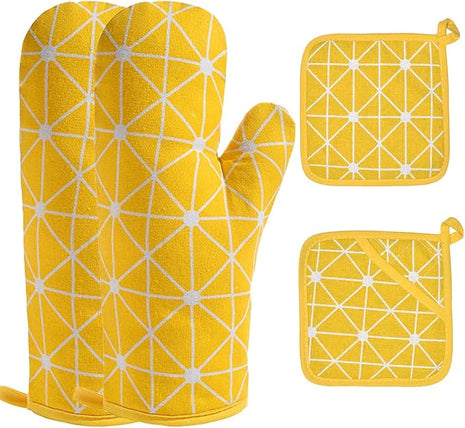 Oven Mitts and Potholders BBQ Gloves-Oven Mitts and Pot Holders with Recycled Infill Silicone Non-Slip Cooking Gloves for Cooking Baking Grilling (4-Piece Set) (Yellow-02)