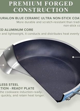 Nuwave Healthy Duralon Blue Ceramic Nonstick Cookware Set, Diamond Infused Scratch-Resistant, PFAS Free, Dishwasher & Oven Safe, Induction Ready & Evenly Heats, Tempered Glass Lids & Stay-Cool Handles